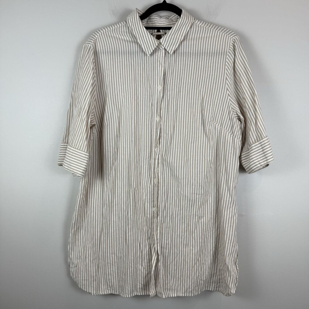 Chicos Womens Cotton Tunic Top 2 US L Beige White Stripe Button Shirt Coastal
